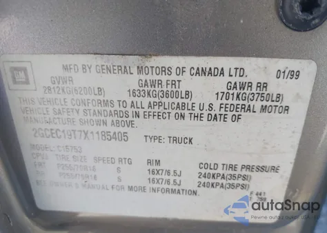 1999 Chevrolet Silverado 1500 Ls from USA, damaged, VIN 2GCEC19T7X1185405